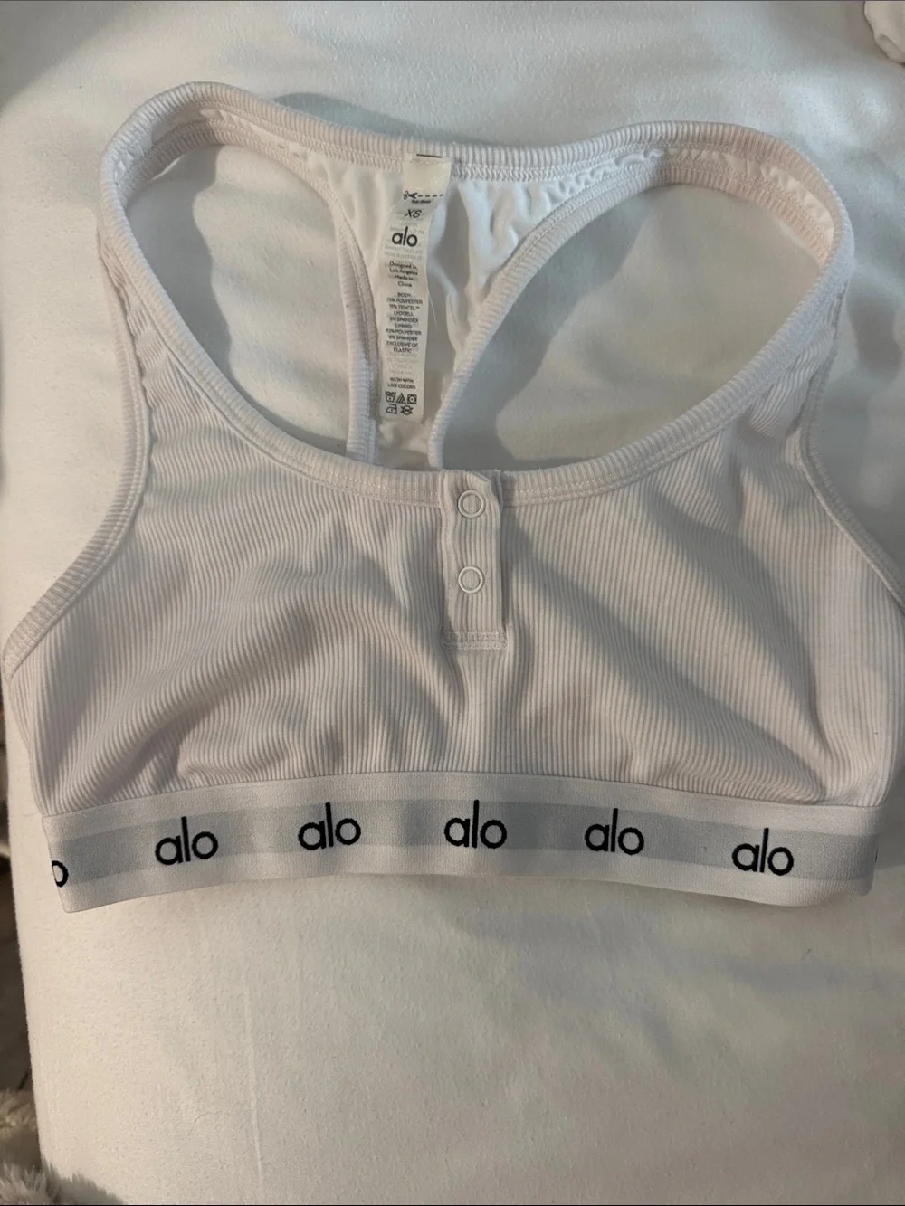 ALO Yoga White Ribbed Racerback Sports Bra with Logo Band